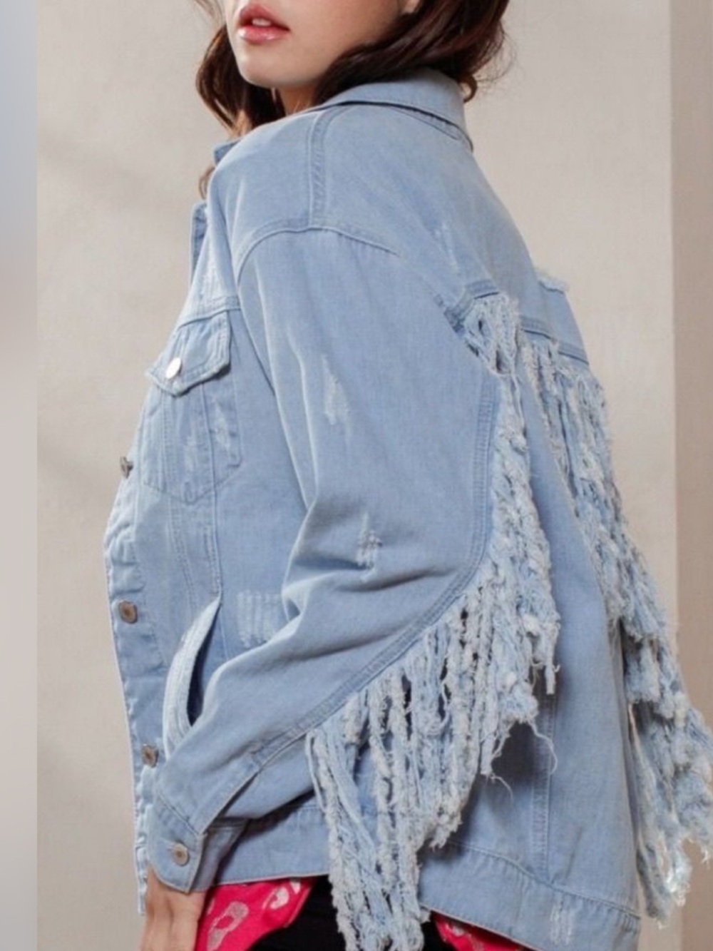 ODDY LIGHT BLUE DISTRESSED BUTTON FRONT DENIM JACKET FRINGE SLEEVE & BACK SZ S
